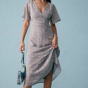 Light Blue Deep V Floral Midi Dress